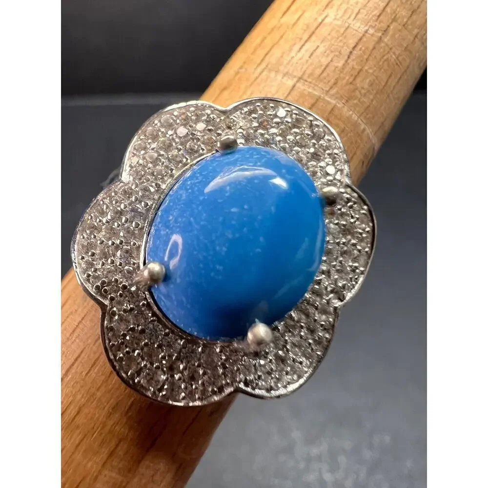 NEW Ceruleite and zircon blossom ring in rhodium over sterling silver size 8